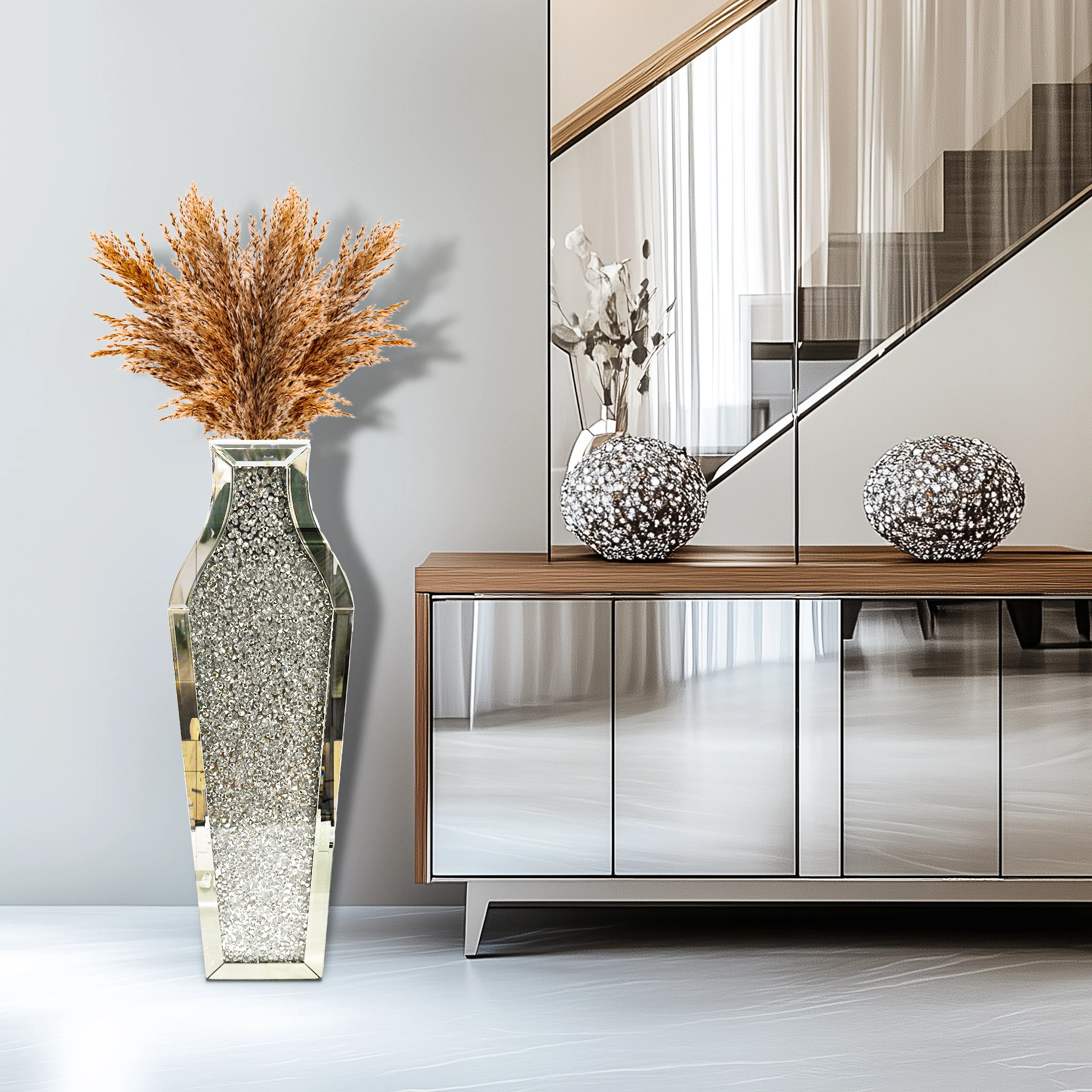 Crushed Diamond-Silver Glass Mirrored Floor Vase - Image 3
