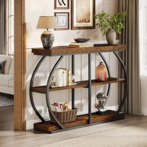 41.3" Console 3-tier Table with Arched Metal Frame and Storage Shelves