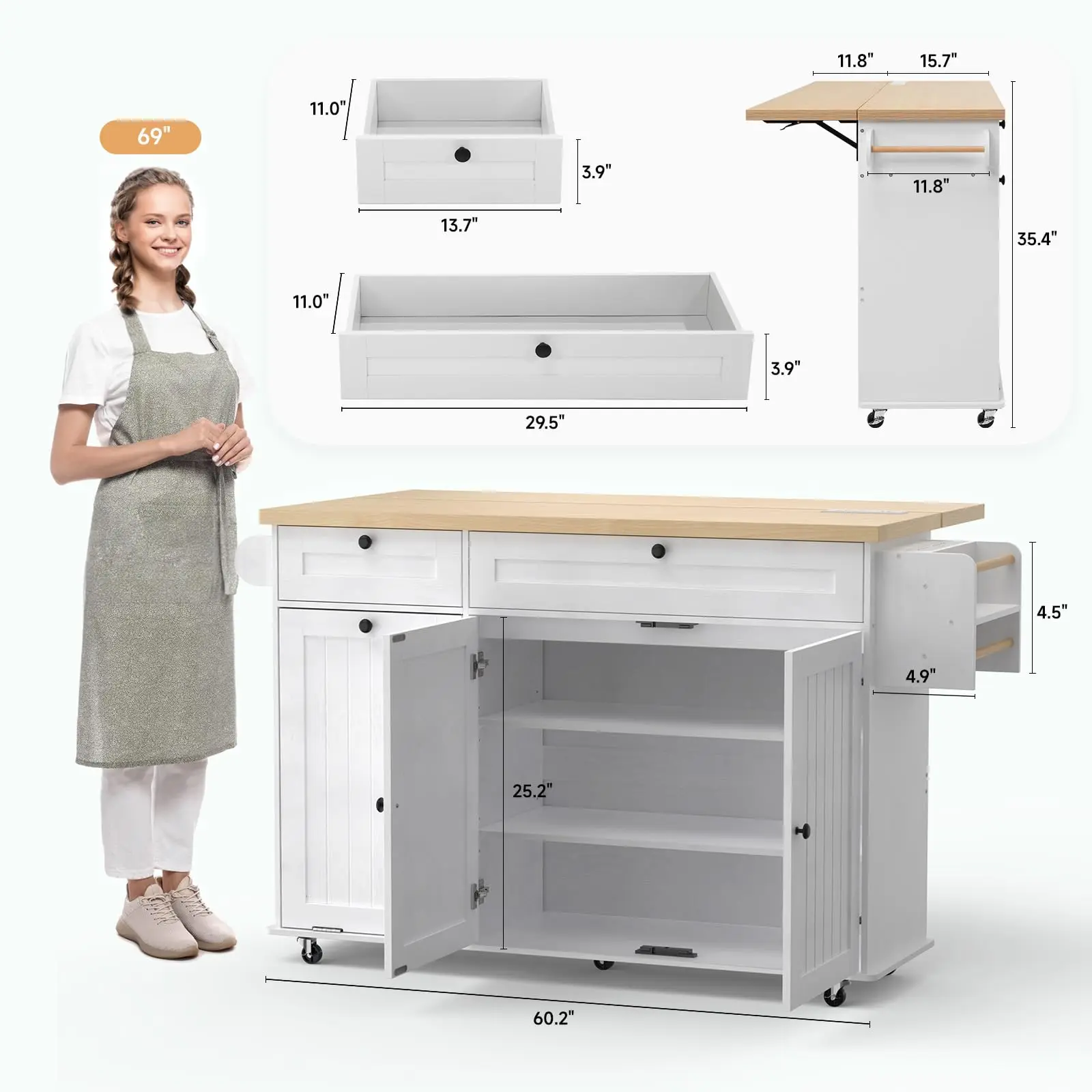 Kitchen Island Rolling Trolley w/Table Drop Leaf - Image 1