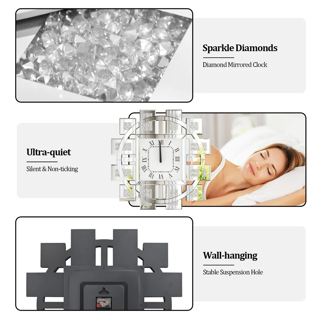 Silver/Golden Crystal Crushed Diamond Inlay Clock - Image 5