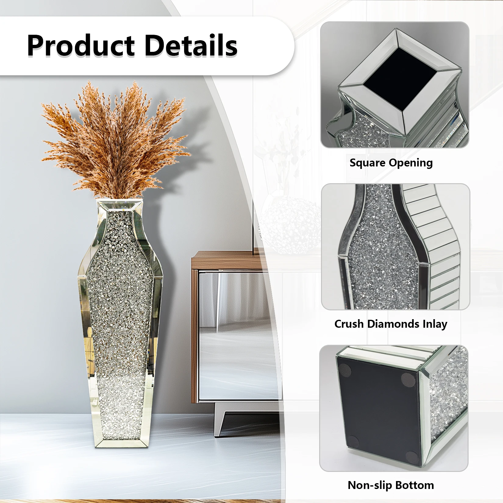 Crushed Diamond-Silver Glass Mirrored Floor Vase - Image 4