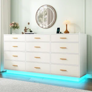 63'' Modern Chest of Drawers with Power Outlets & LED Lights - 12 drwr