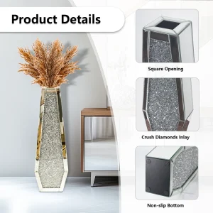 Crushed Diamond-Silver Glass Mirrored Floor Vase